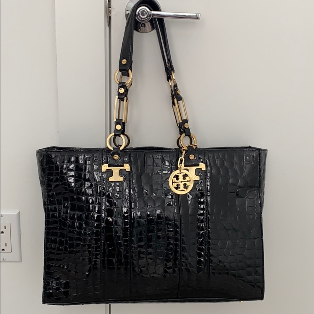 TORY BURCH Jordana Black Patent Tote Bag